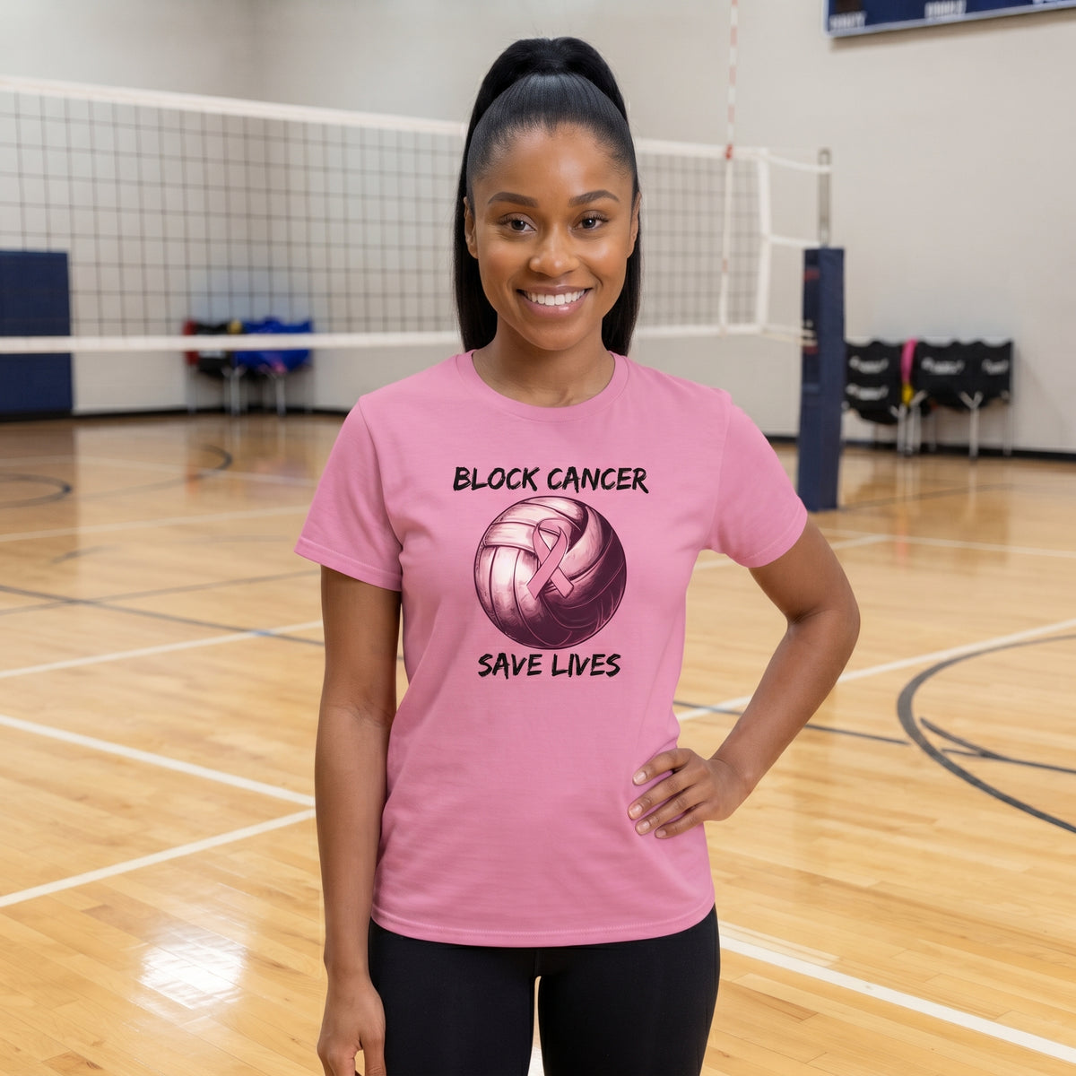 Block Out Cancer" Pink Volleyball Awareness T-Shirt